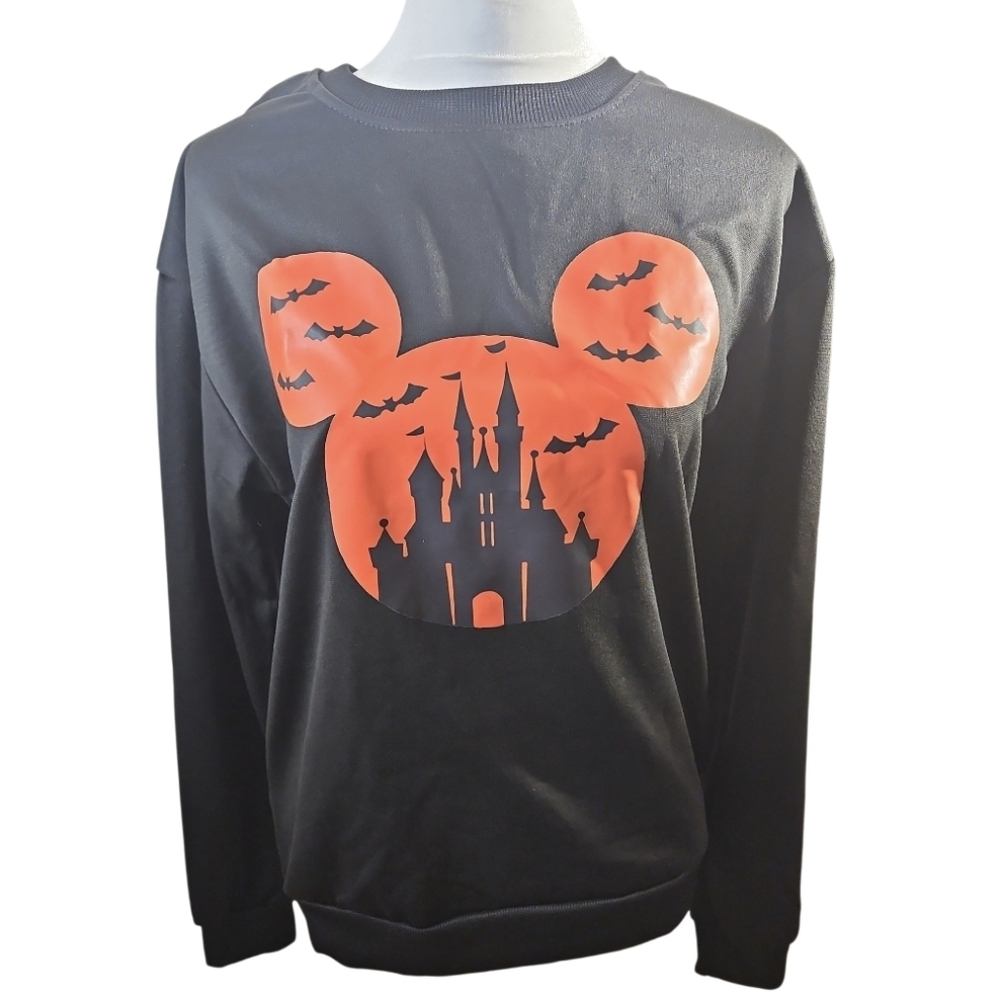 Handmade Halloween Mickey Ears Castle Sweatshirt Black Orange Size Small Iron-on - Picture 6 of 17